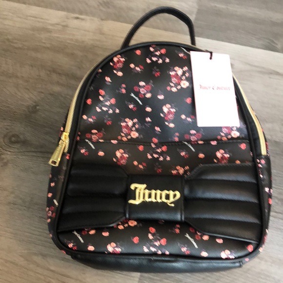 Juicy Couture Ditsy Rose Black Pretty Bow Faux Leather Backpack NWT - Picture 2 of 16